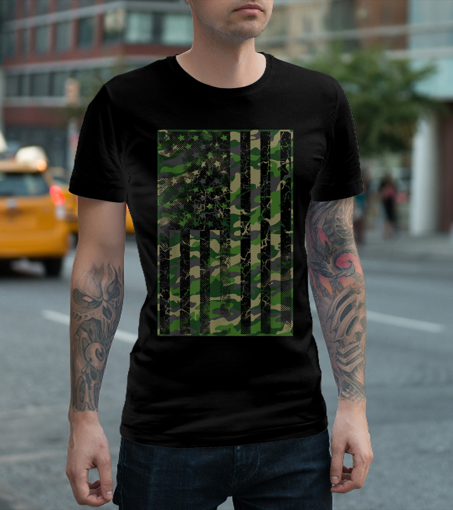 USA Camouflage Pattern American Flag Military T-Shirt