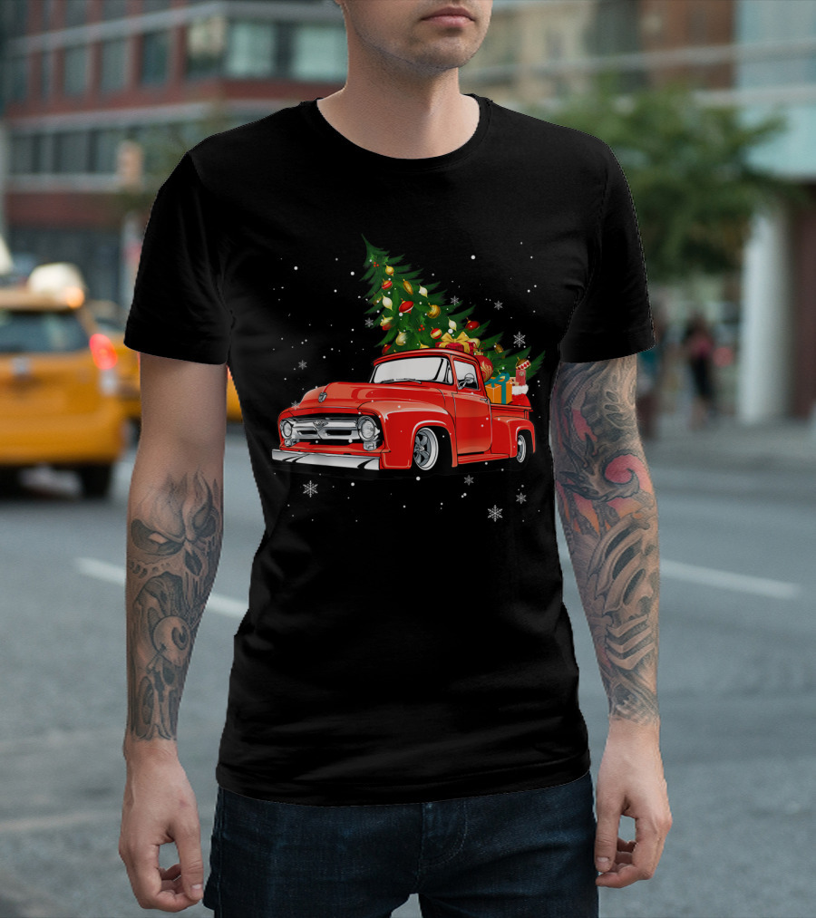 Vintage Christmas Red Truck With Snowfall And Festive Tree T-Shirt