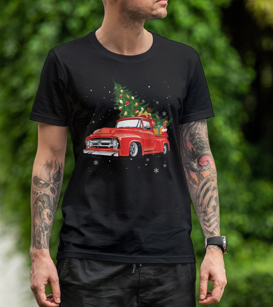 Vintage Christmas Red Truck With Snowfall And Festive Tree T-Shirt