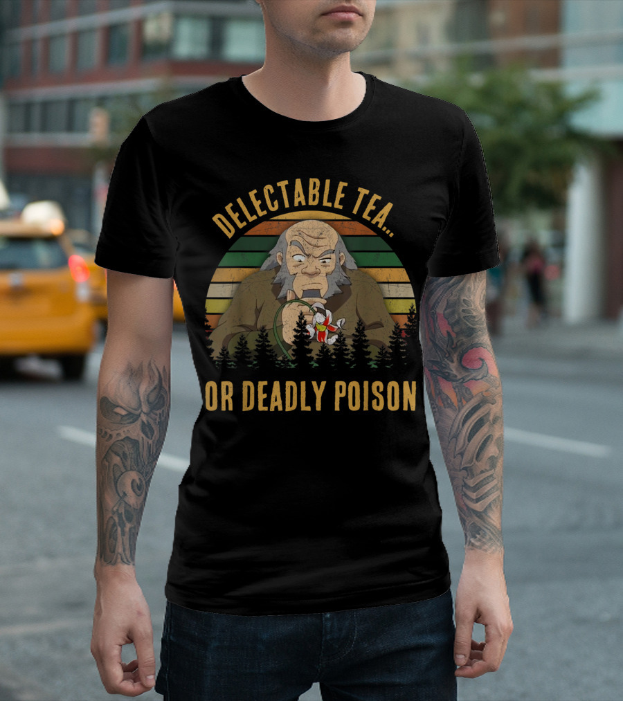Delectable Tea Or Deadly Poison Vintage Striped Background With Mysterious Figure Holding Flower T-Shirt