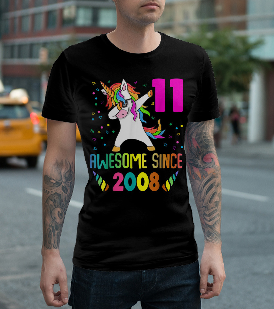 11 Awesome Since 2008 Unicorn Dabbing Birthday T-Shirt
