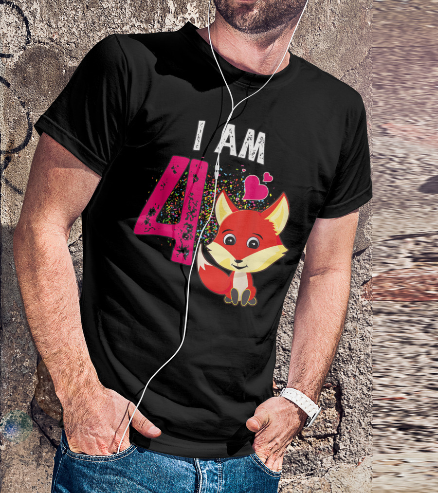 I Am 4 Fox With Hearts For 4 Year Old Birthday T-Shirt