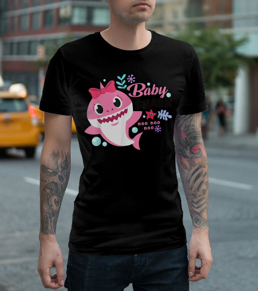 Baby Shark Doo Doo Doo Pink Character with Bow and Sea Elements T-Shirt