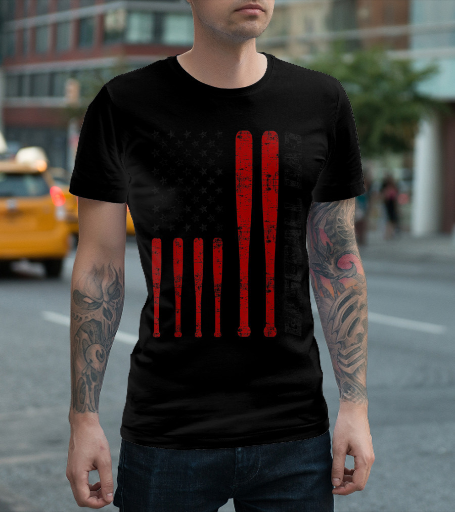 Baseball Dad American Flag Baseball Bat T-Shirt