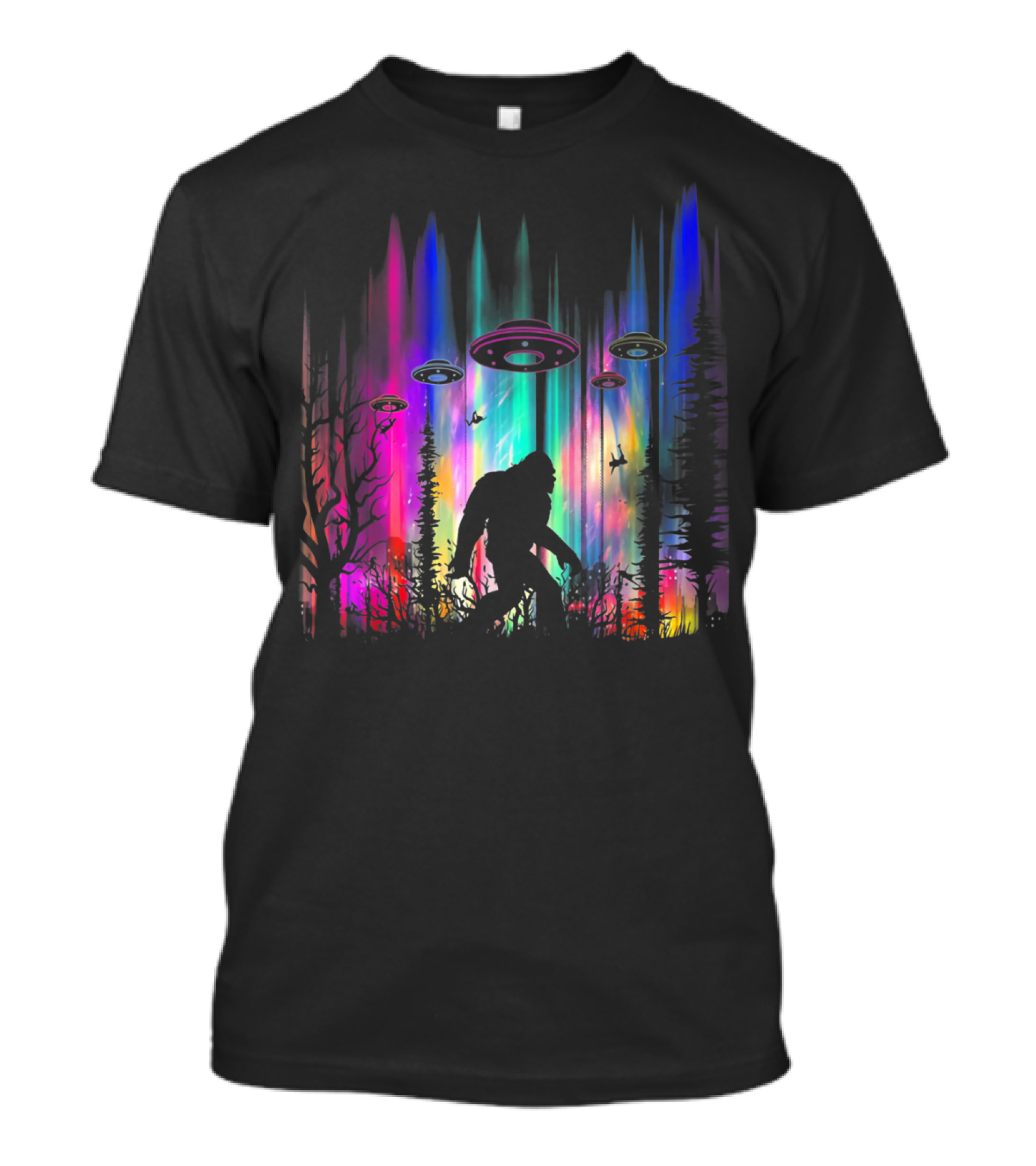 Bigfoot UFO Abduction With Northern Lights Forest Scene T-Shirt