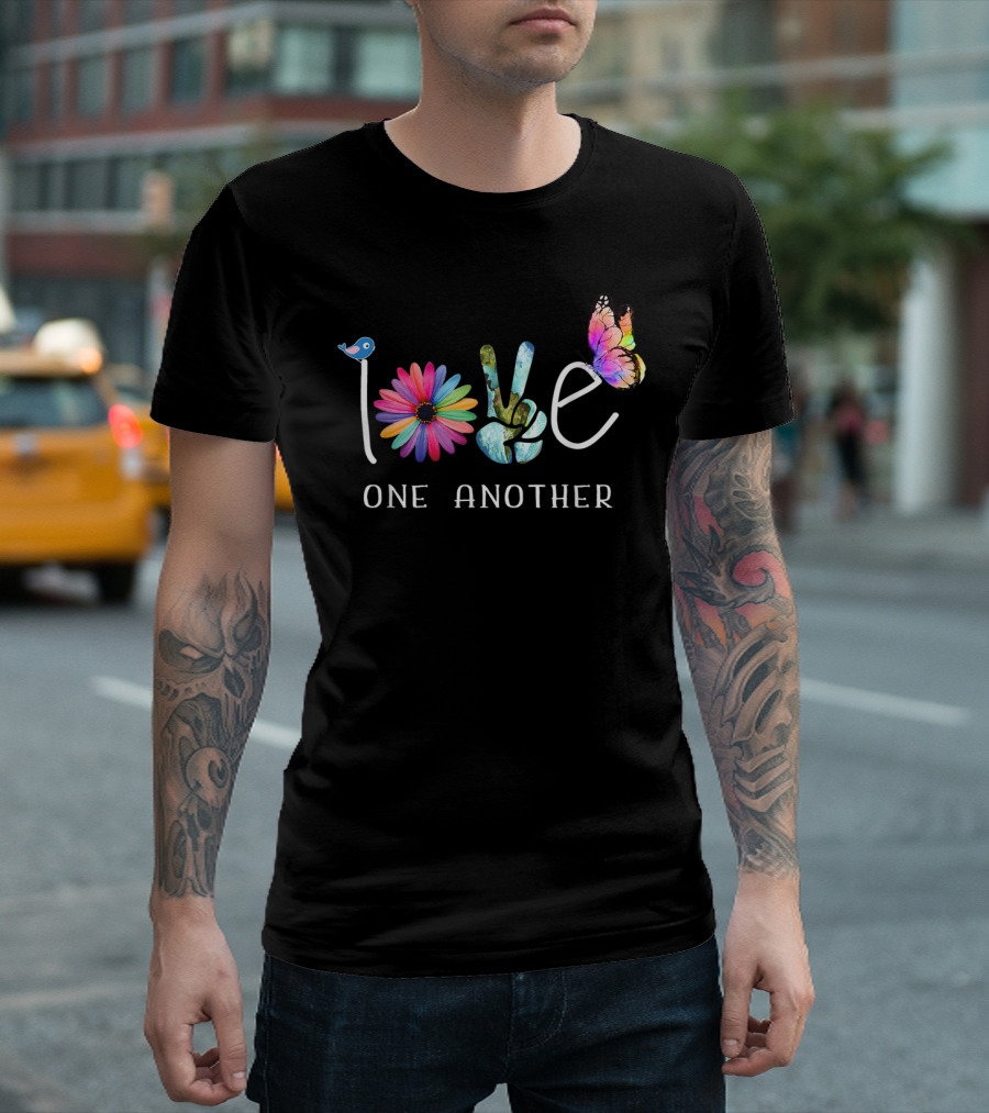 Love One Another Butterfly Flower Peace Sign T-Shirt