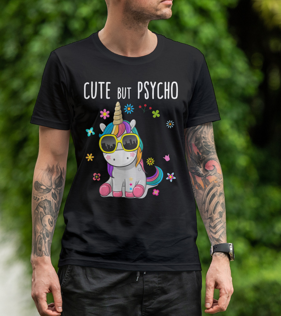 Cute But Psycho Unicorn Lovers Mommy Mother With Colorful Flowers And Sunglasses T-Shirt