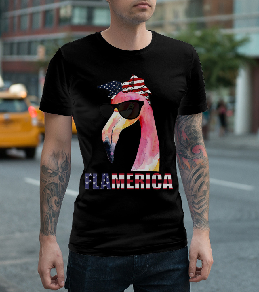 Flamerica Funny Flamingo 4th Of July USA Patriotic Sunglasses And Stars And Stripes Bandana T-Shirt