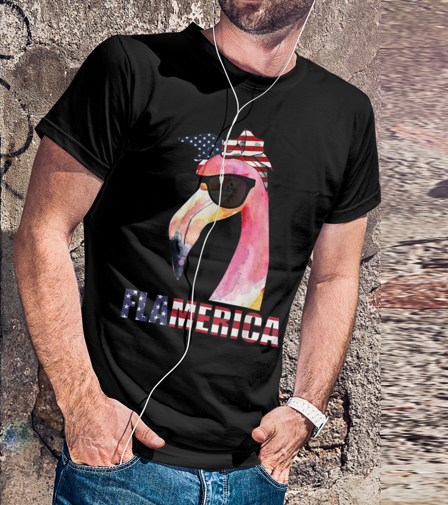Flamerica Funny Flamingo 4th Of July USA Patriotic Sunglasses And Stars And Stripes Bandana T-Shirt