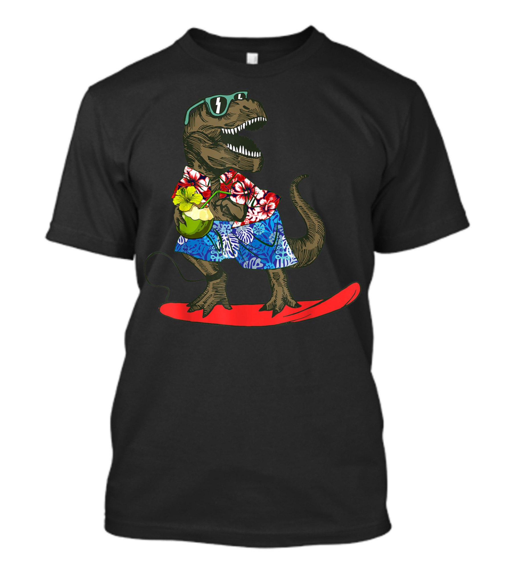 Funny Saurus Rex Hawaiian Surfing Vacation With Sunglasses And Coconut Drink T-Shirt
