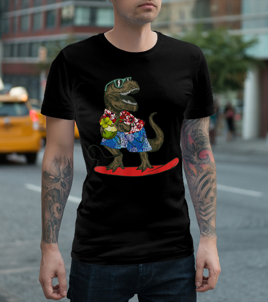 Funny Saurus Rex Hawaiian Surfing Vacation With Sunglasses And Coconut Drink T-Shirt