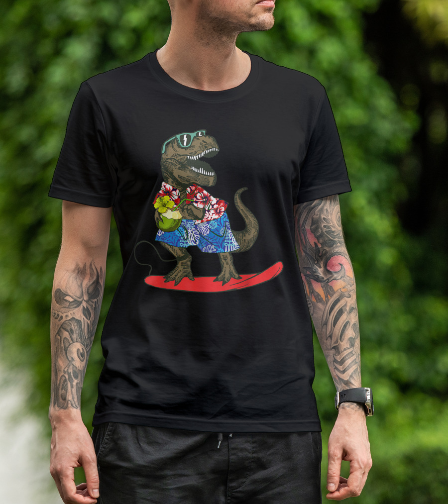 Funny Saurus Rex Hawaiian Surfing Vacation With Sunglasses And Coconut Drink T-Shirt