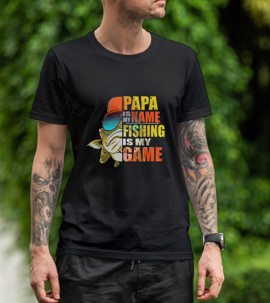 Papa Is My Name Fishing Is My Game Father's Tee Featuring Sunglass-Wearing Fish With Red Cap T-Shirt