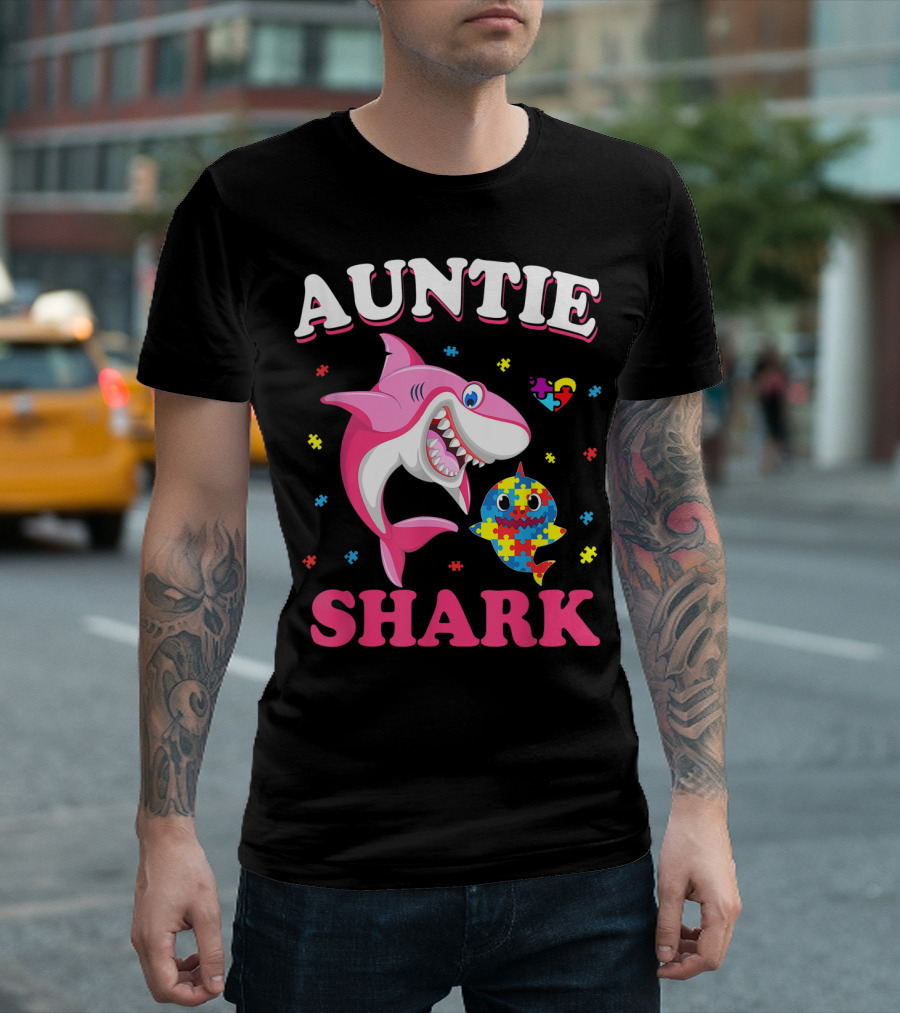 Auntie Shark Puzzle Heart Autism Awareness T-Shirt