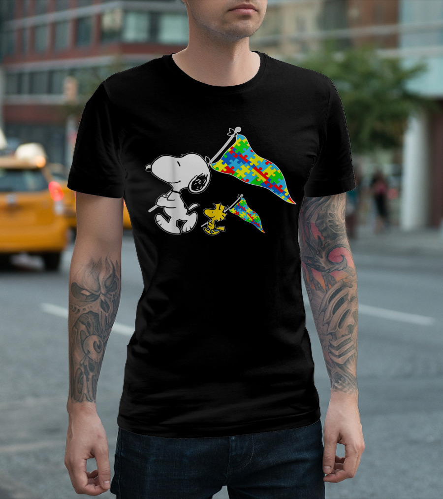 Snoopy and Woodstock Autism Awareness Puzzle Flags T-Shirt