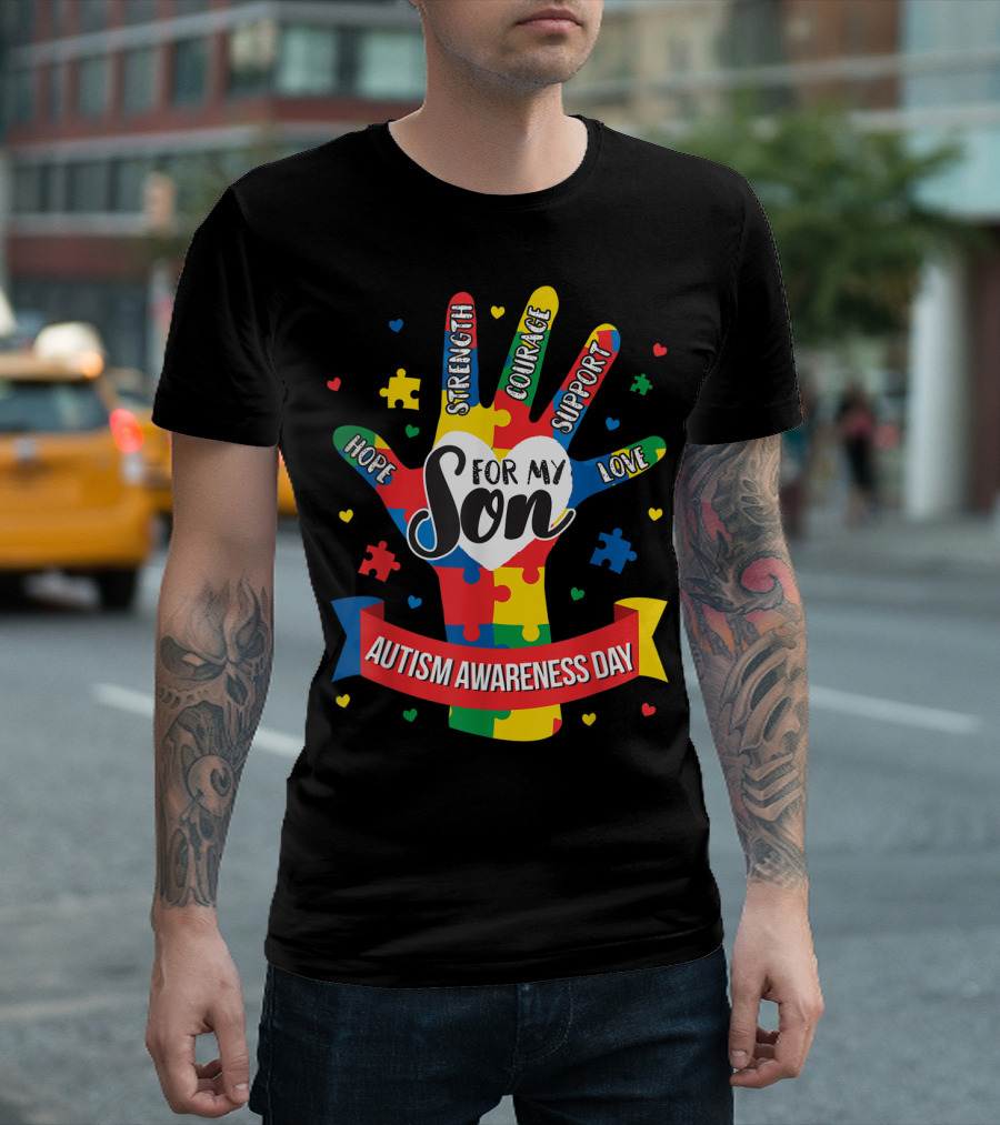 Autism Awareness Day Hope Strength Courage Support Love for My Son Puzzle Lover Dad T-Shirt