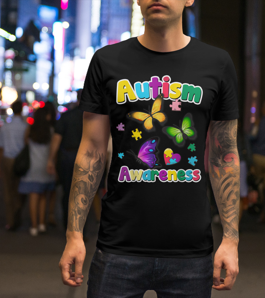 Autism Awareness Butterfly Puzzle Pieces Heart Colorful T-Shirt