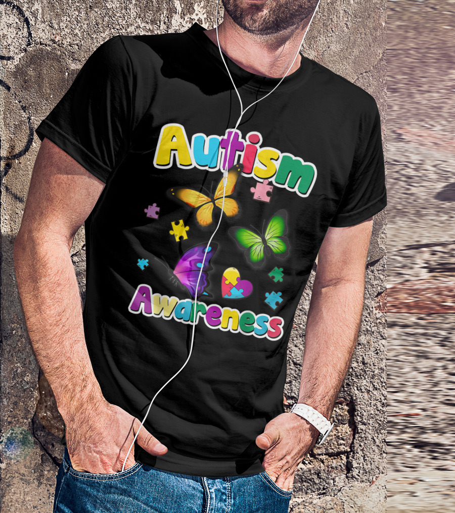 Autism Awareness Butterfly Puzzle Pieces Heart Colorful T-Shirt