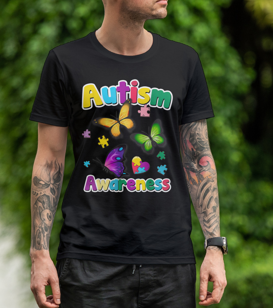 Autism Awareness Butterfly Puzzle Pieces Heart Colorful T-Shirt