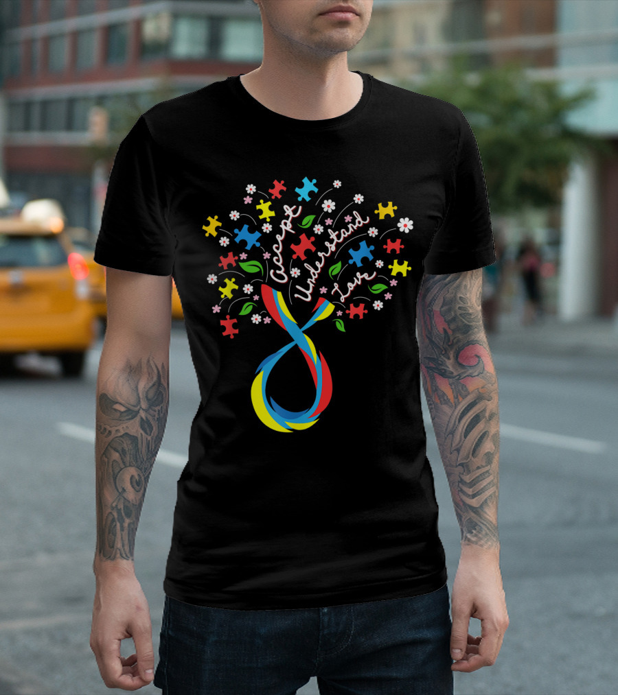 Accept Understand Love Puzzle Ribbon Flowers Autism Awareness Day T-Shirt