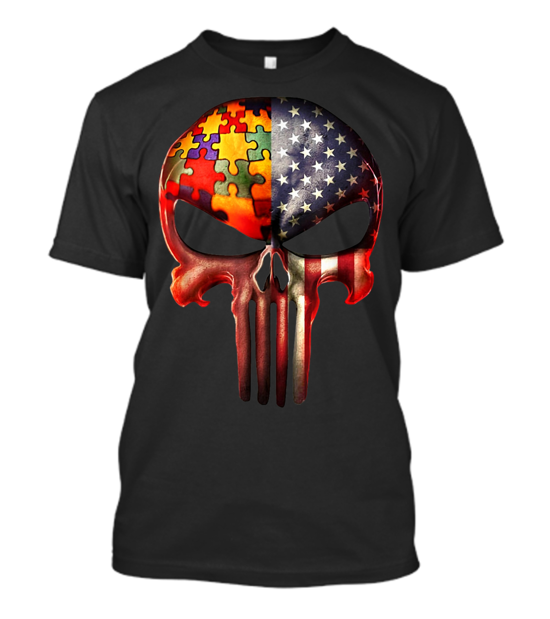 Autism Awareness Puzzle American Flag Skull For Parents T-Shirt