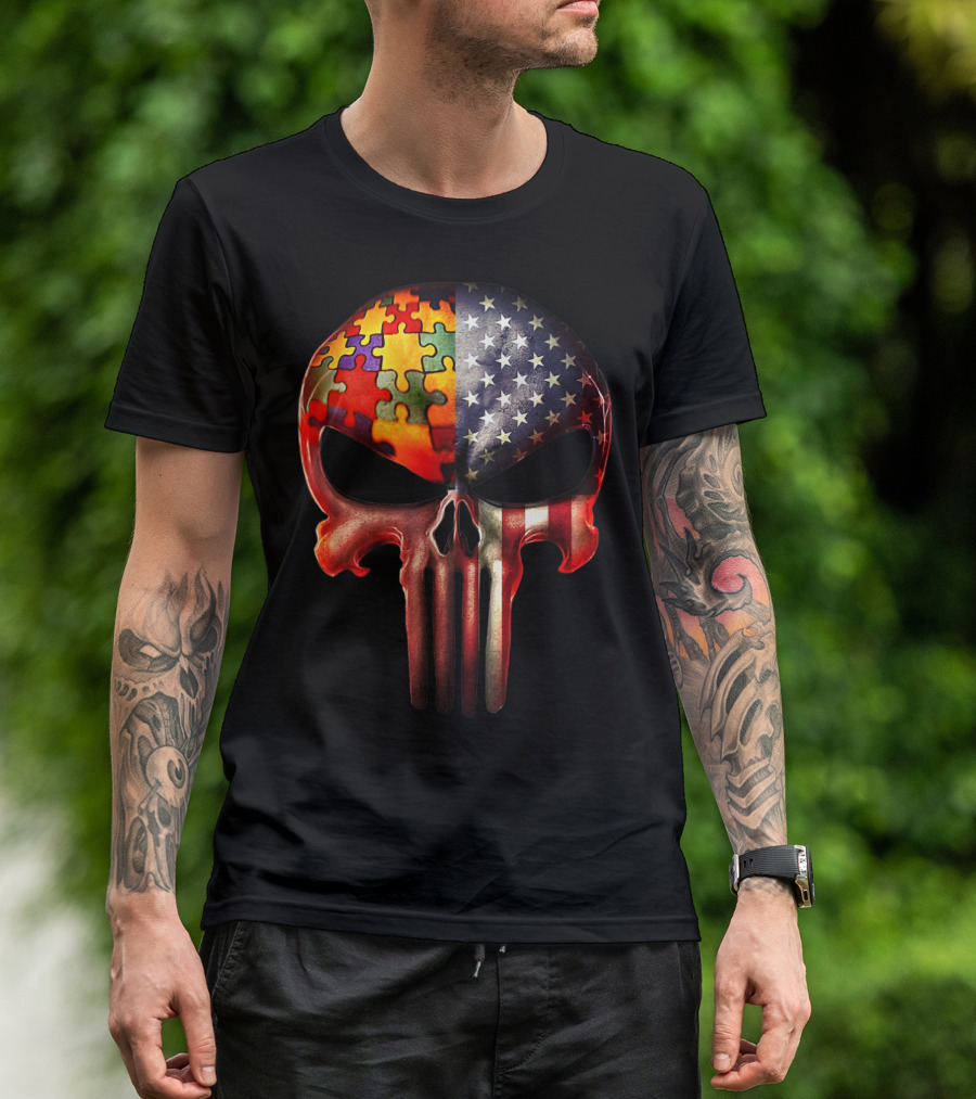 Autism Awareness Puzzle American Flag Skull For Parents T-Shirt