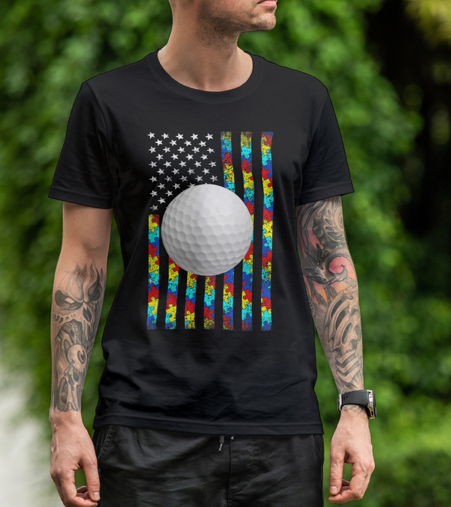 American Flag Autism Awareness Golf Puzzle T-Shirt