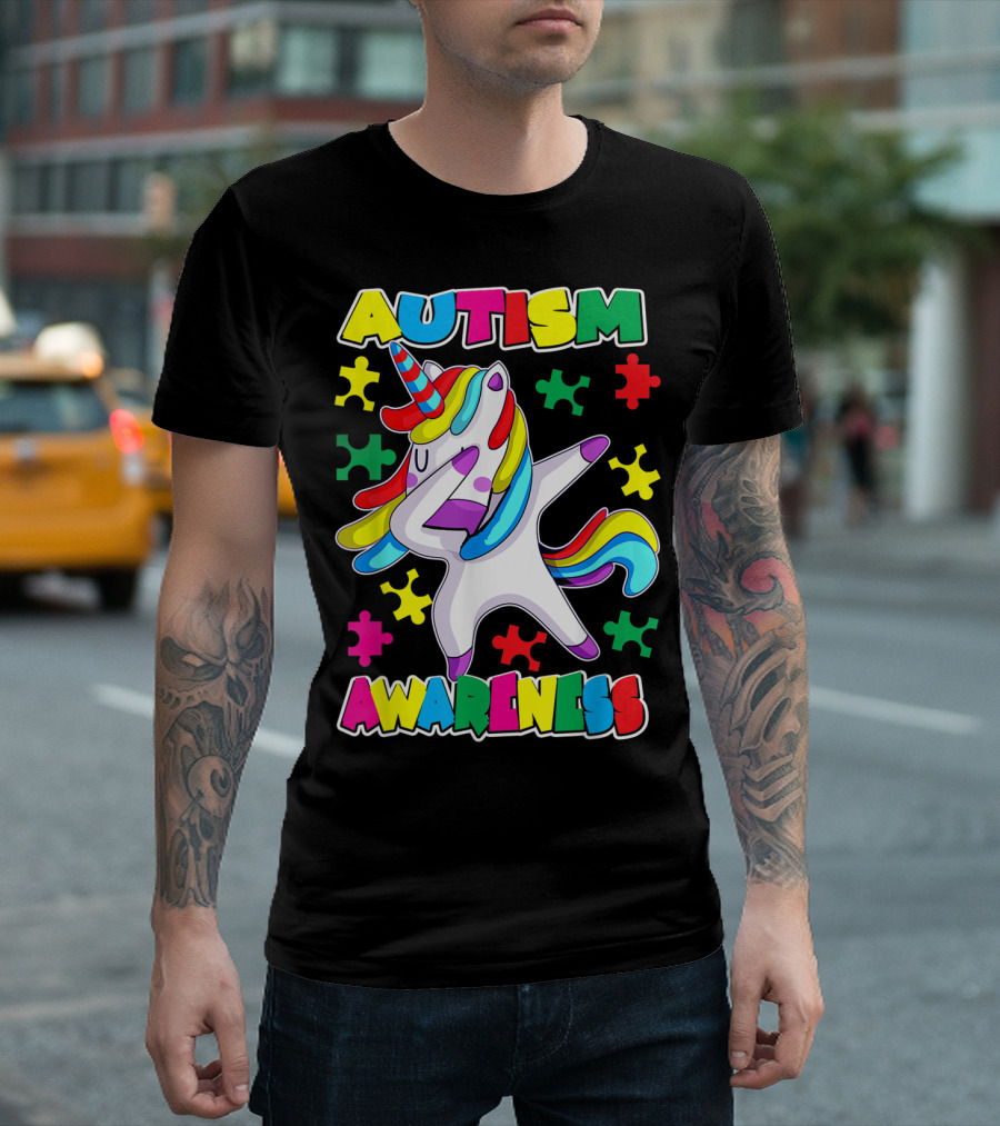 Autism Awareness Unicorn Dabbing With Colorful Puzzle Pieces T-Shirt