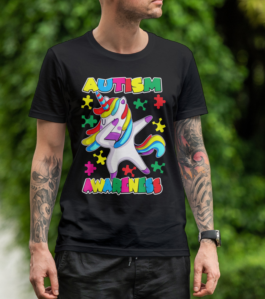 Autism Awareness Unicorn Dabbing With Colorful Puzzle Pieces T-Shirt