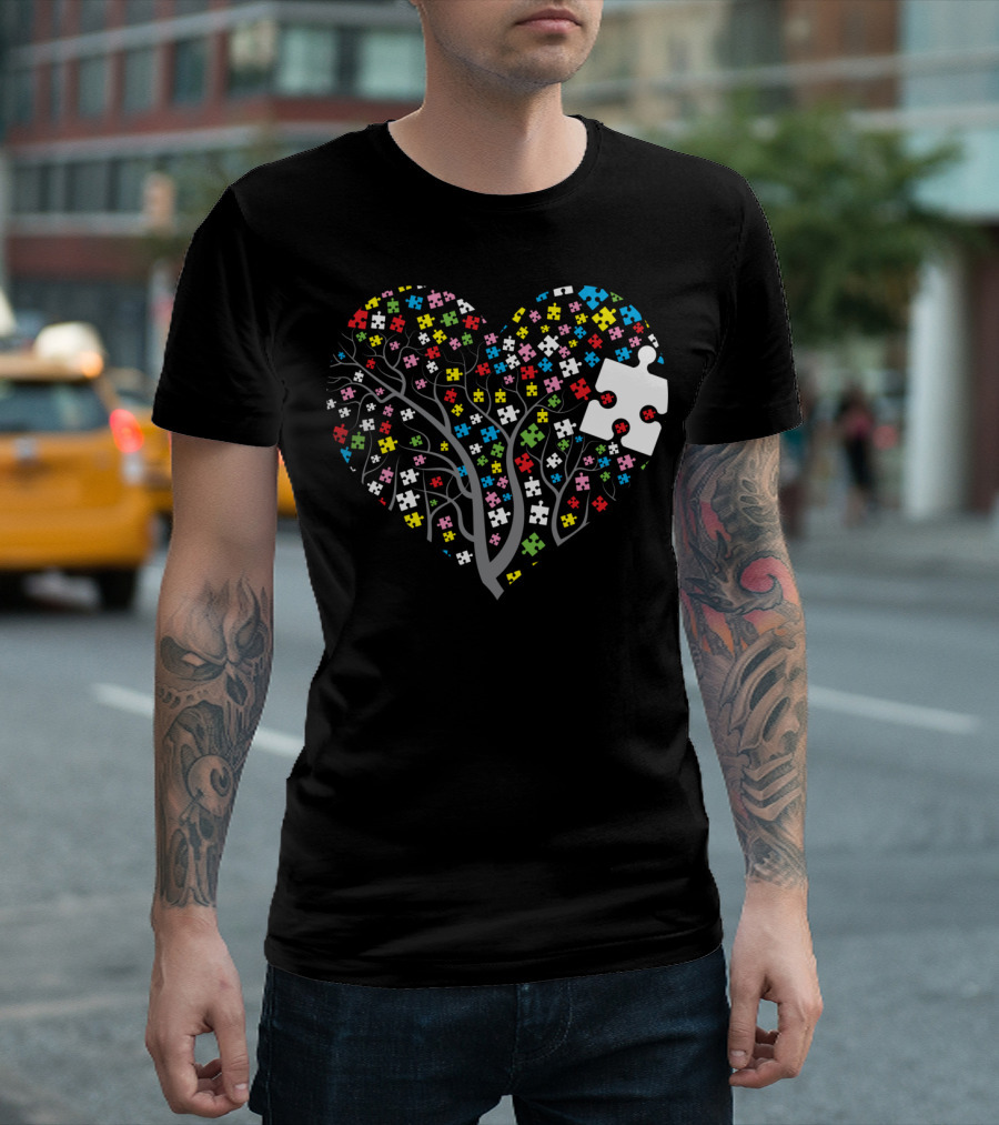 Puzzle Heart Tree Autism Awareness Multicolored Puzzle Pieces T-Shirt