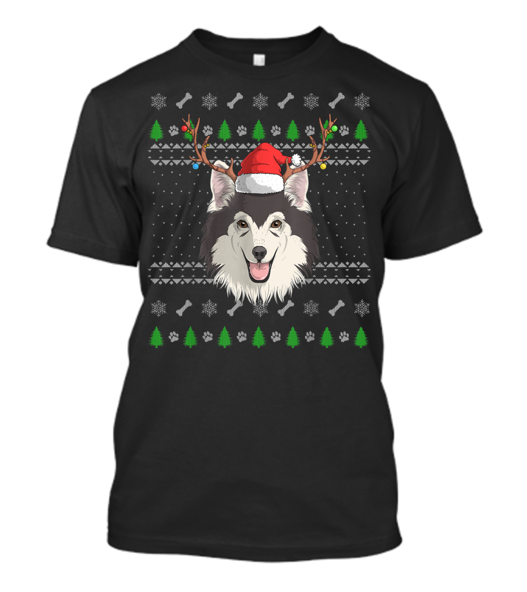 Alaskan Malamute Dog Santa Claus Antlers Christmas Trees Paws Snowflakes T-Shirt