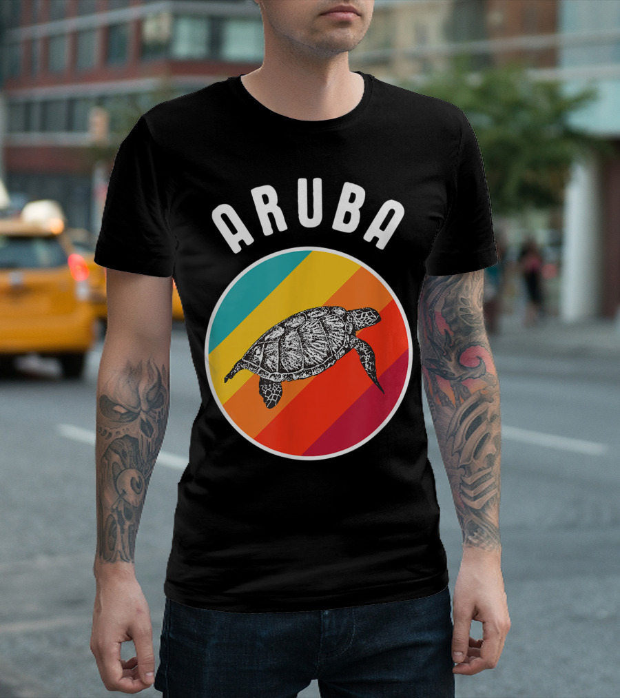 Aruba Vacation Souvenir Colorful Image Sea Turtle Retro Stripes T-Shirt