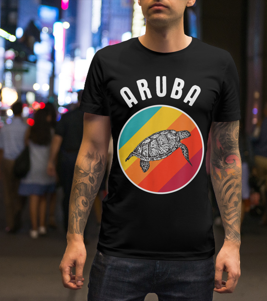 Aruba Vacation Souvenir Colorful Image Sea Turtle Retro Stripes T-Shirt