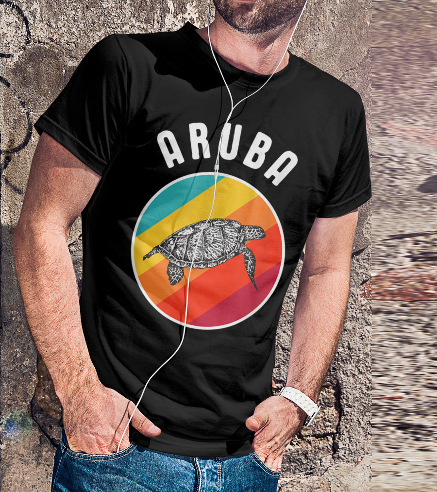 Aruba Vacation Souvenir Colorful Image Sea Turtle Retro Stripes T-Shirt