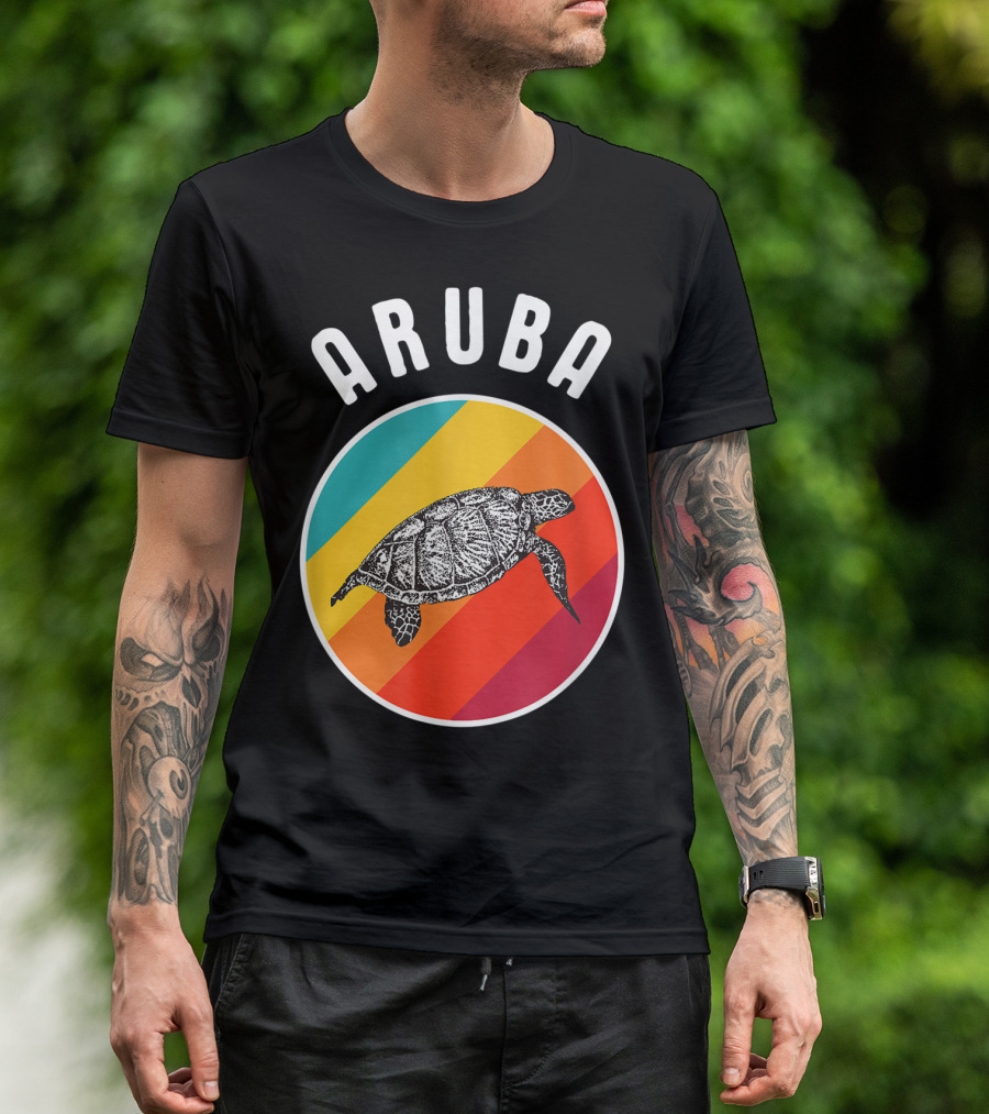 Aruba Vacation Souvenir Colorful Image Sea Turtle Retro Stripes T-Shirt