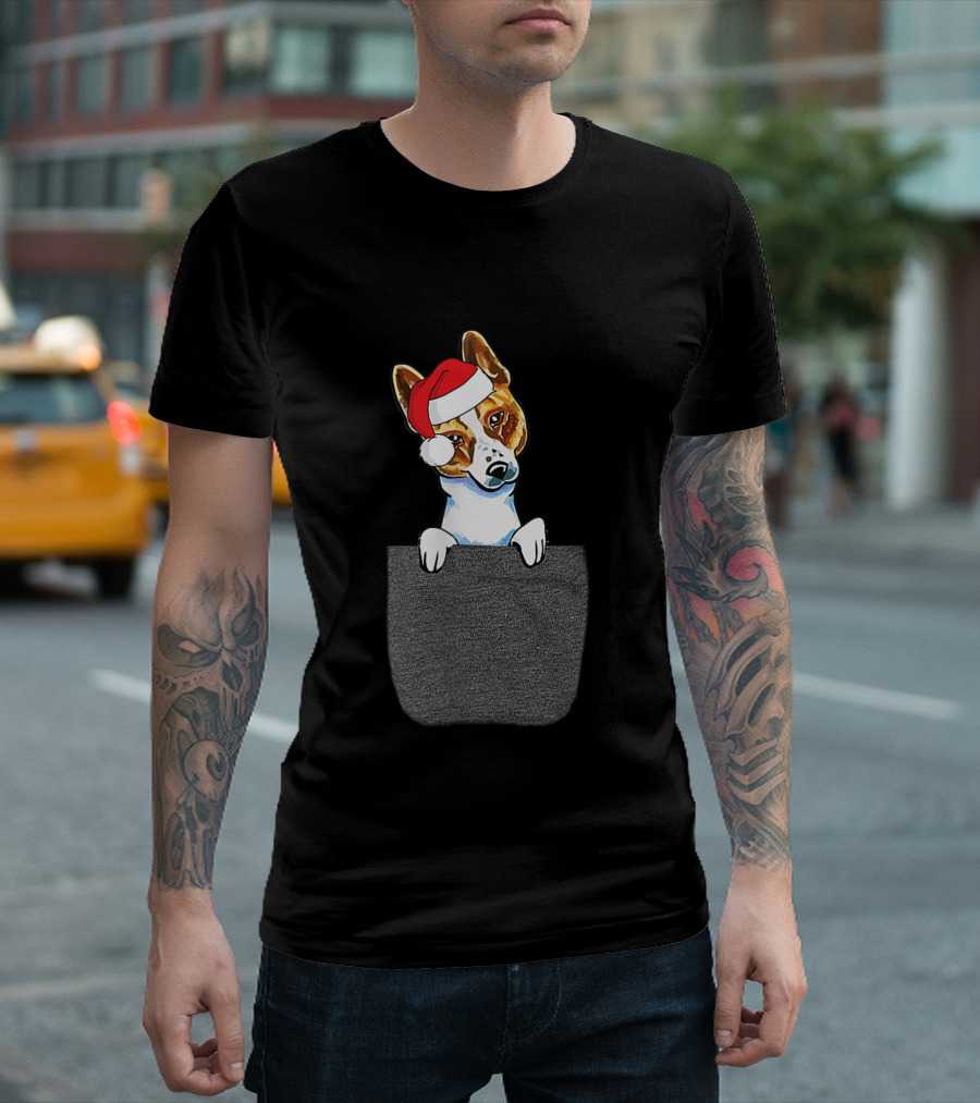 Basenji Dog with Santa Hat Peeking from Pocket T-Shirt