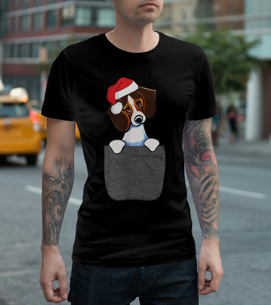 Beagle with Santa Hat Peeking from Pocket T-Shirt