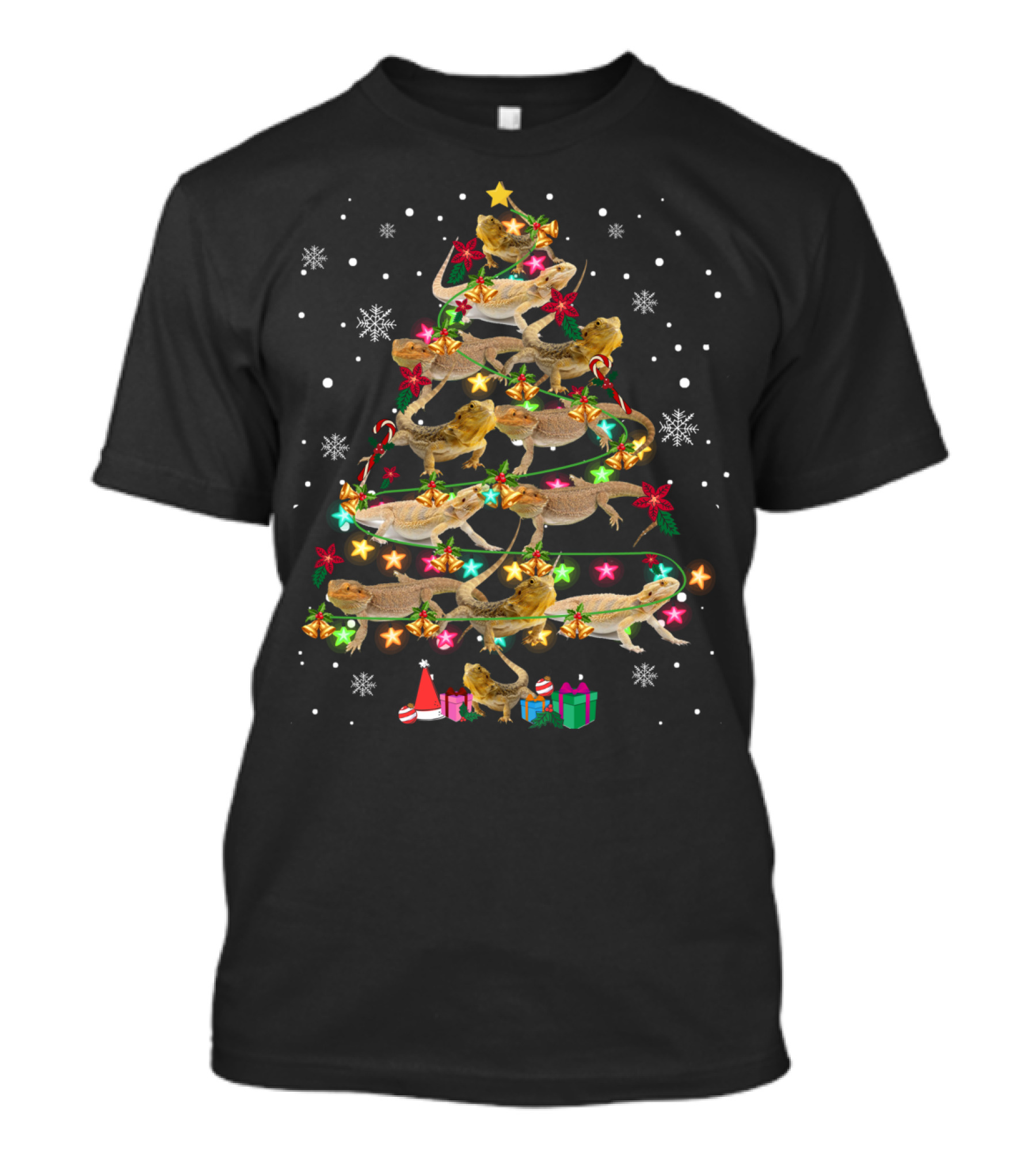 Bearded Dragon Christmas Tree With Lights And Gifts Snowflakes Funny Reptile T-Shirt