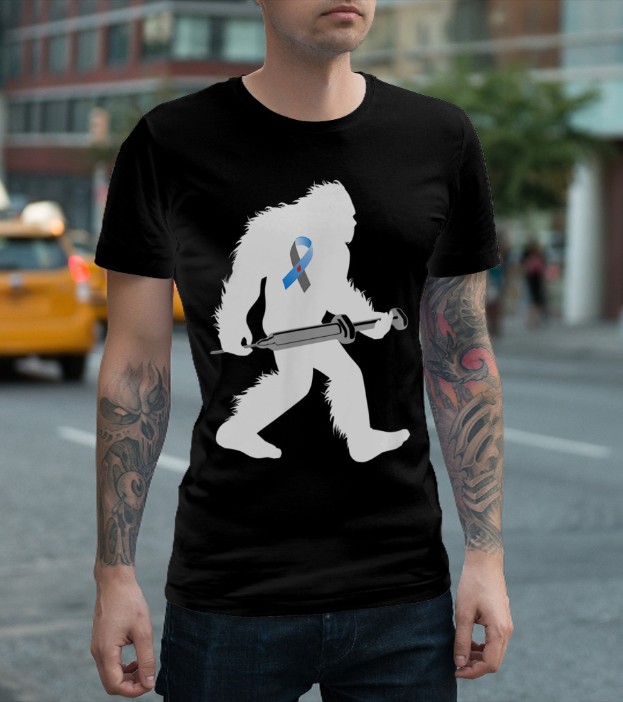 Bigfoot Sasquatch Diabetic Awareness Ribbon with Syringe T-Shirt