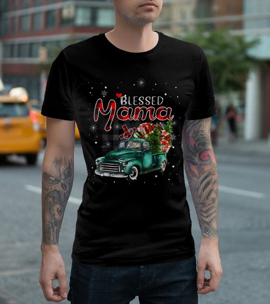 Blessed Mama Red Plaid Christmas Truck with Gifts and Snowflakes T-Shirt