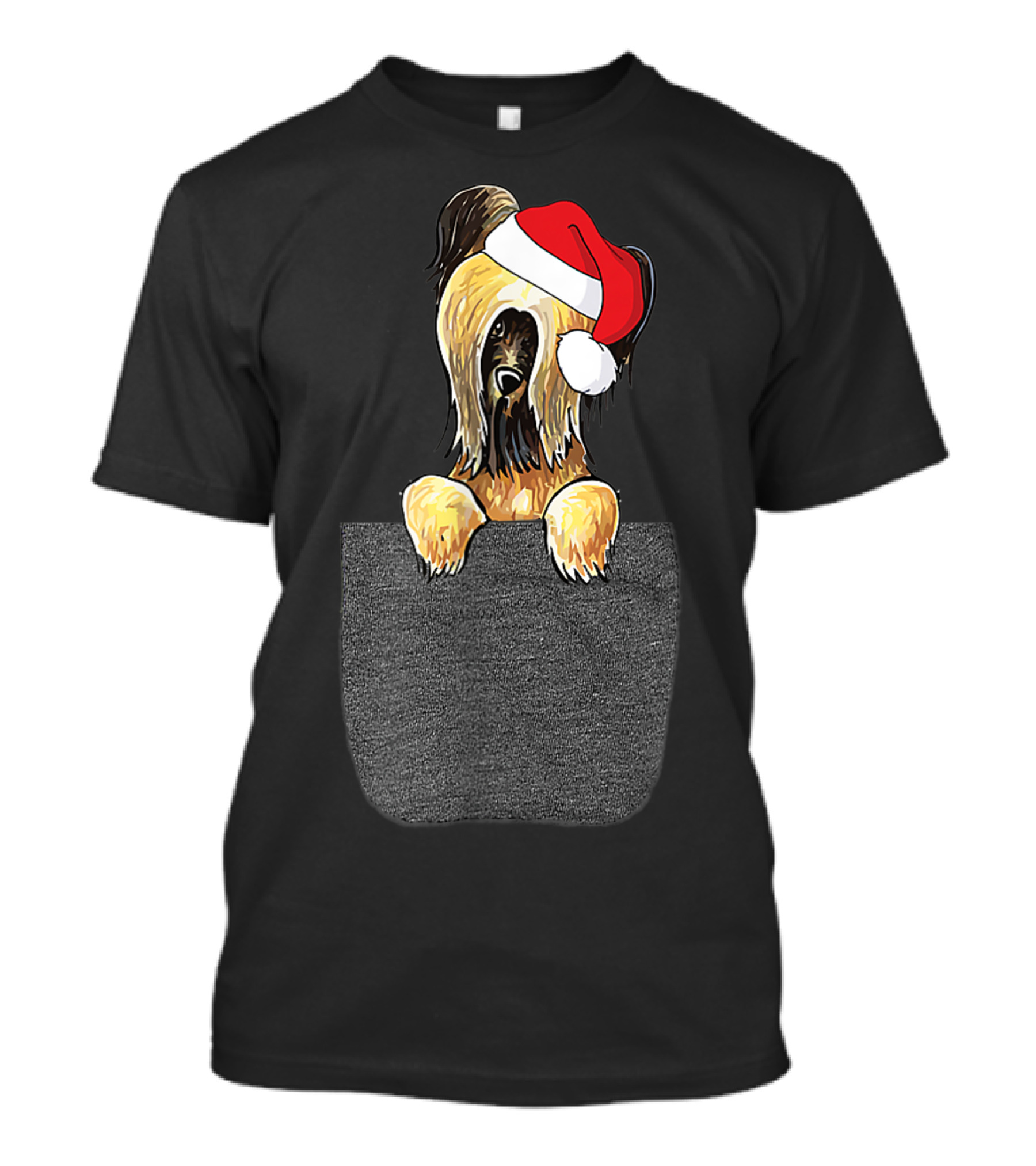Briard Dog With Santa Hat Peeking Out Of Pocket T-Shirt