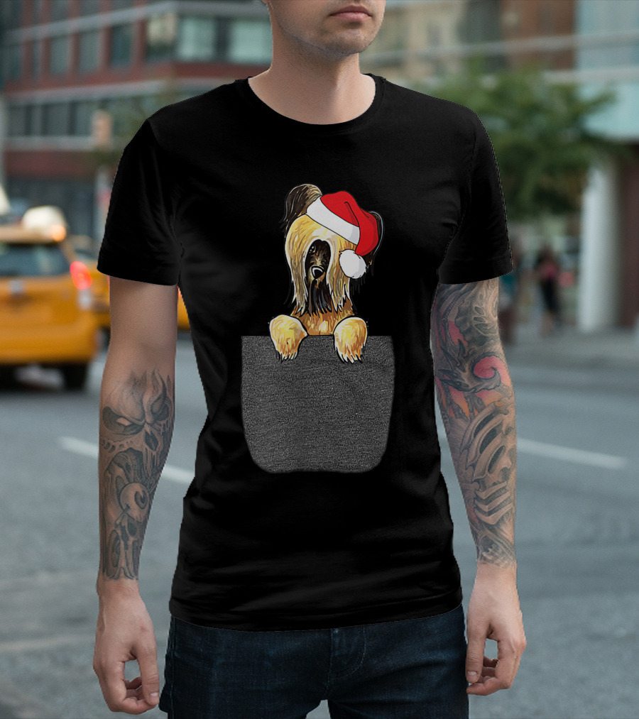 Briard Dog With Santa Hat Peeking Out Of Pocket T-Shirt