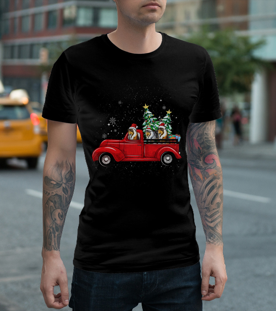 Cute Rough Collies In Santa Hats On Red Christmas Truck With Snowflakes And Christmas Trees T-Shirt
