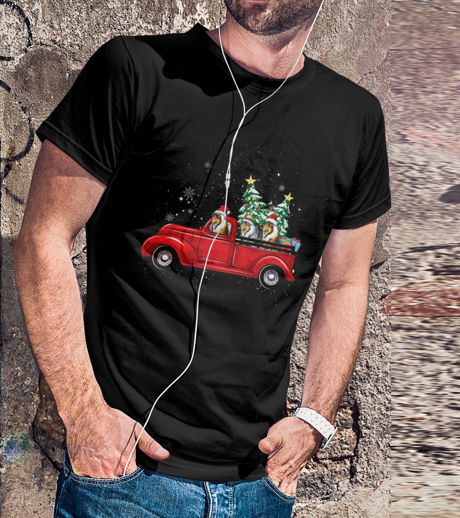 Cute Rough Collies In Santa Hats On Red Christmas Truck With Snowflakes And Christmas Trees T-Shirt