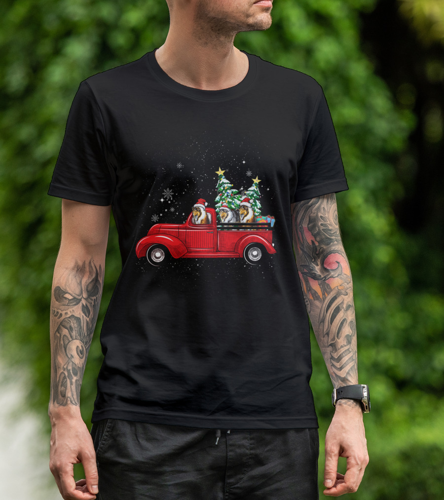 Cute Rough Collies In Santa Hats On Red Christmas Truck With Snowflakes And Christmas Trees T-Shirt