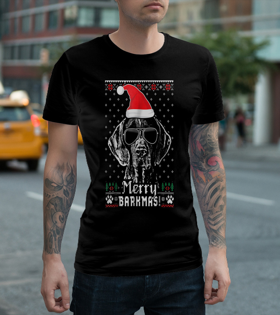 Gsp Merry Barkmas Dog with Sunglasses and Santa Hat Ugly Christmas T-Shirt