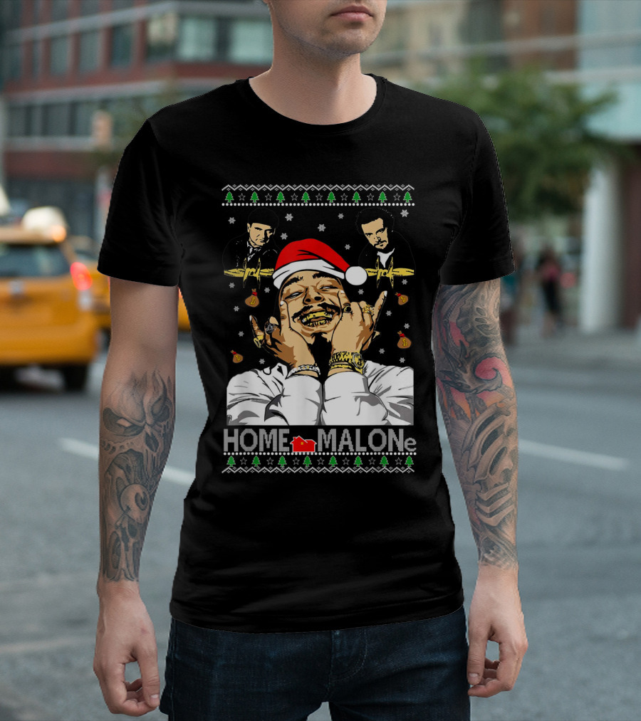 Home Malones Christmas Sweater with Famous Trio and Festive Icons T-Shirt