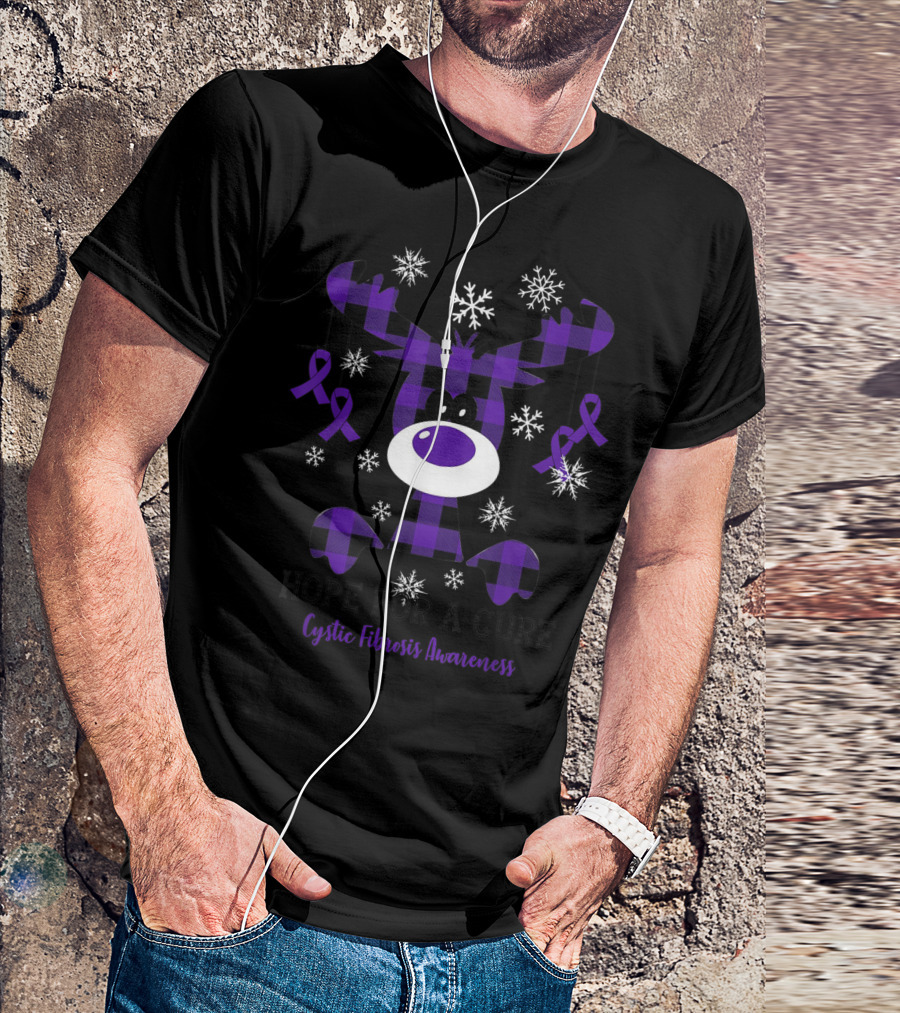 Hope For A Cure Cystic Fibrosis Awareness Purple Plaid Reindeer With Snowflakes And Ribbons T-Shirt
