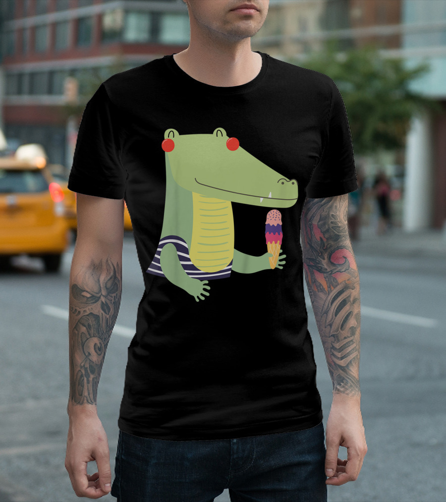 Kids Crocodile Eating Ice Cream with Striped Shirt and Red Sunglasses T-Shirt