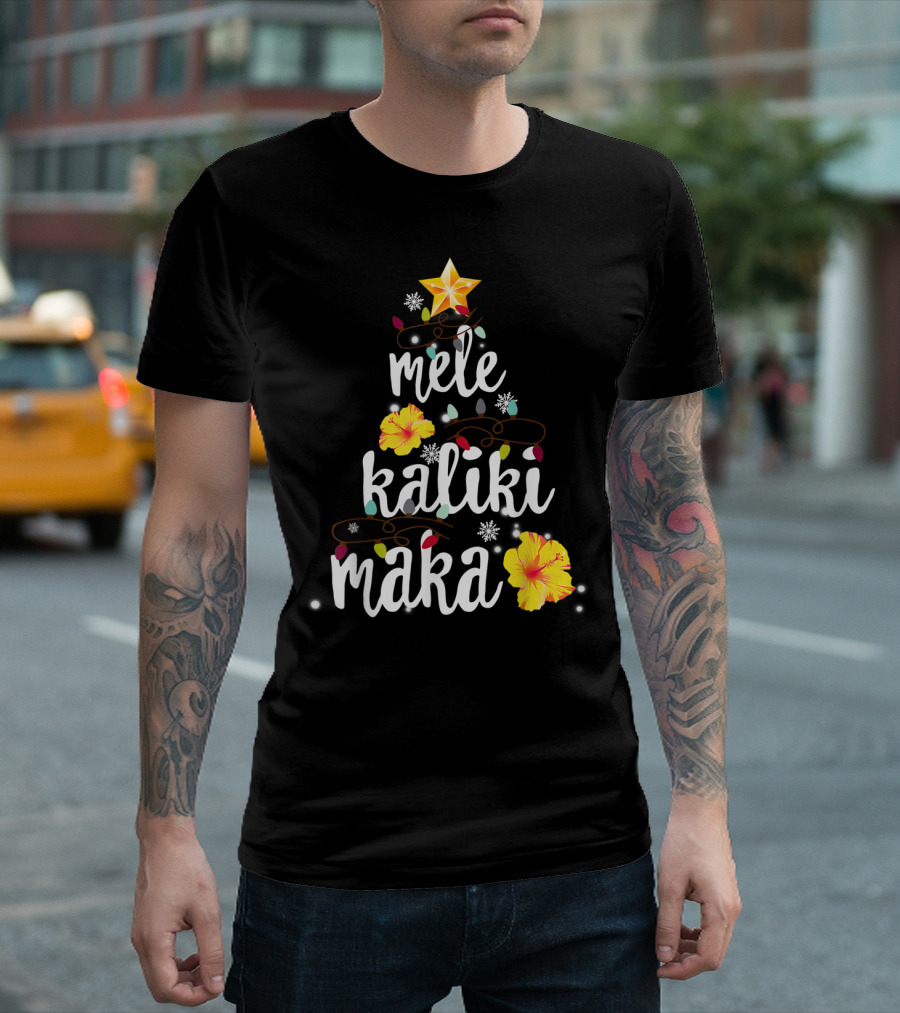 Mele Kalikimaka Hawaiian Holiday Yellow Flowers Christmas Lights Star Snowflakes T-Shirt